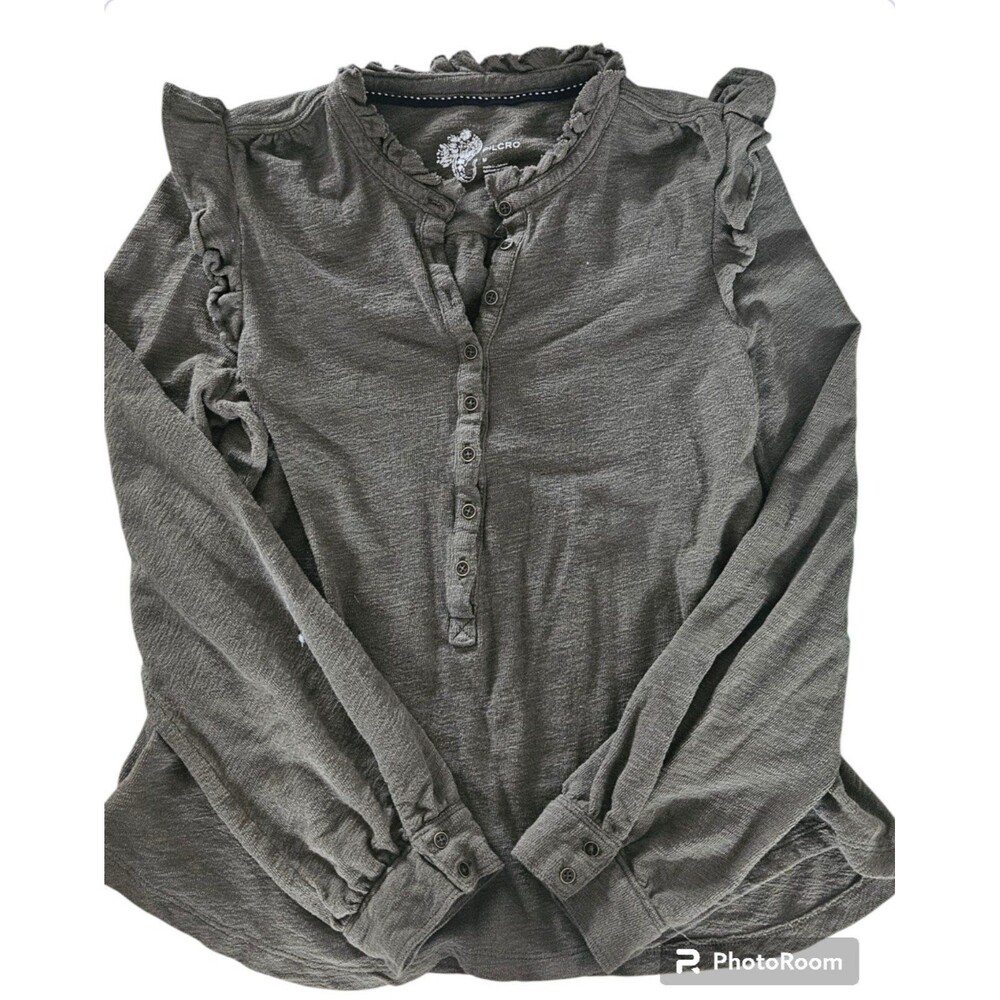 Pilcro Anthropologie Ruffled Henley Long Sleeve Top Olive Green M